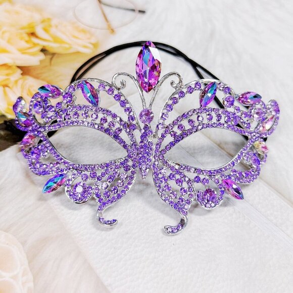 Purple Masquerade Ball Mask, Wedding Mask, Lavender Crystal Mask, Silver Mask - Picture 3 of 9